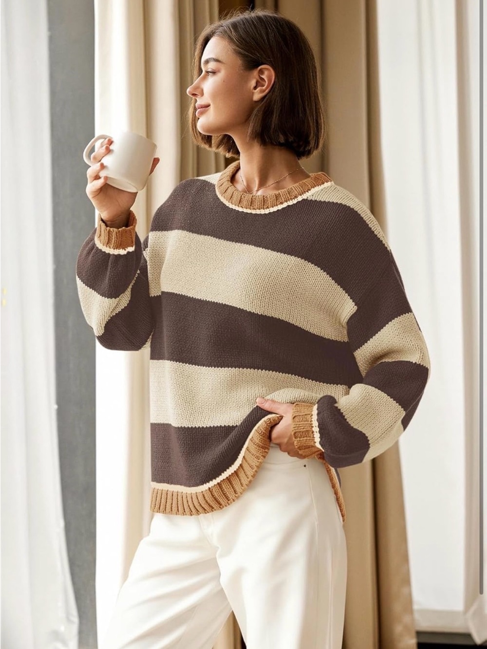 Striped Knit Pullover Sweater in Brown & Khaki